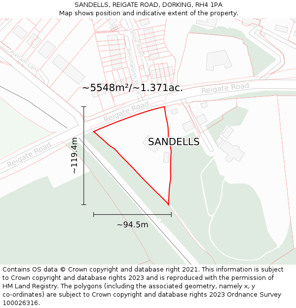 SANDELLS, REIGATE ROAD, DORKING, RH4 1PA: Plot and title map