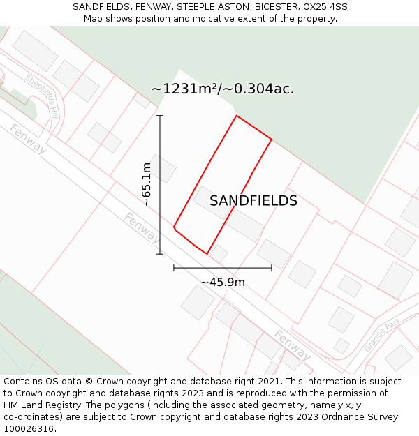 SANDFIELDS, FENWAY, STEEPLE ASTON, BICESTER, OX25 4SS: Plot and title map