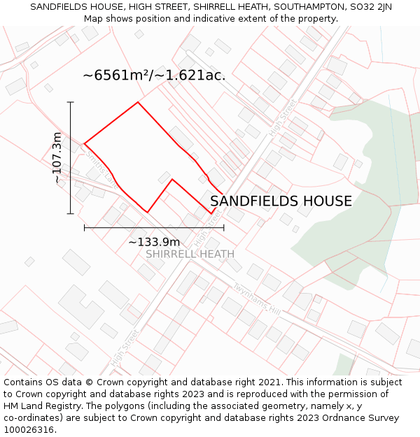 SANDFIELDS HOUSE, HIGH STREET, SHIRRELL HEATH, SOUTHAMPTON, SO32 2JN: Plot and title map