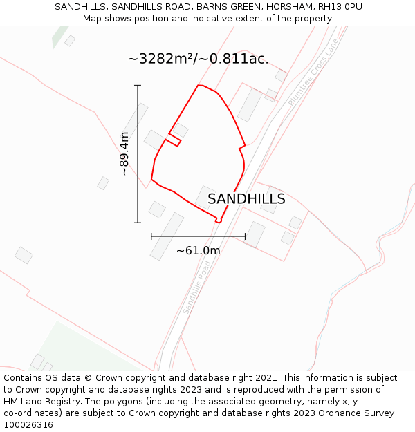 SANDHILLS, SANDHILLS ROAD, BARNS GREEN, HORSHAM, RH13 0PU: Plot and title map