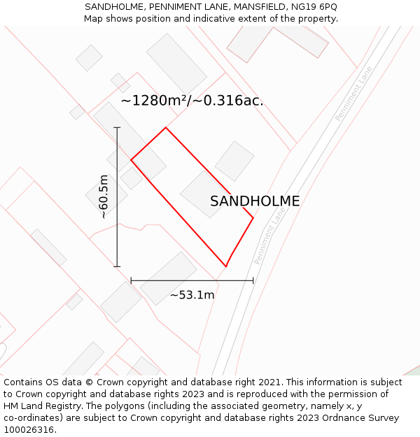 SANDHOLME, PENNIMENT LANE, MANSFIELD, NG19 6PQ: Plot and title map