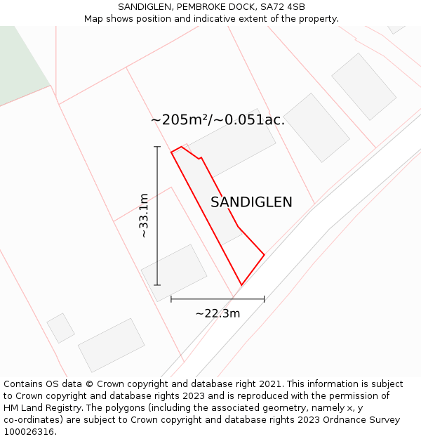 SANDIGLEN, PEMBROKE DOCK, SA72 4SB: Plot and title map