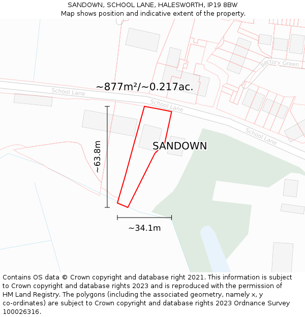 SANDOWN, SCHOOL LANE, HALESWORTH, IP19 8BW: Plot and title map