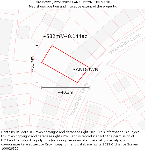 SANDOWN, WOODSIDE LANE, RYTON, NE40 3NE: Plot and title map