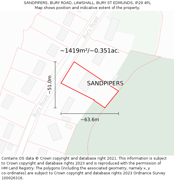 SANDPIPERS, BURY ROAD, LAWSHALL, BURY ST EDMUNDS, IP29 4PL: Plot and title map