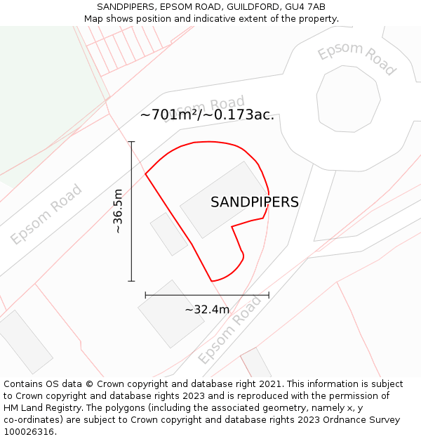 SANDPIPERS, EPSOM ROAD, GUILDFORD, GU4 7AB: Plot and title map