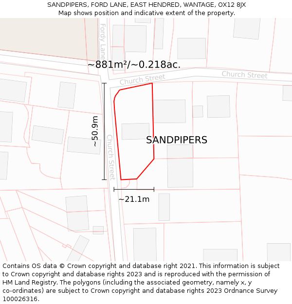 SANDPIPERS, FORD LANE, EAST HENDRED, WANTAGE, OX12 8JX: Plot and title map