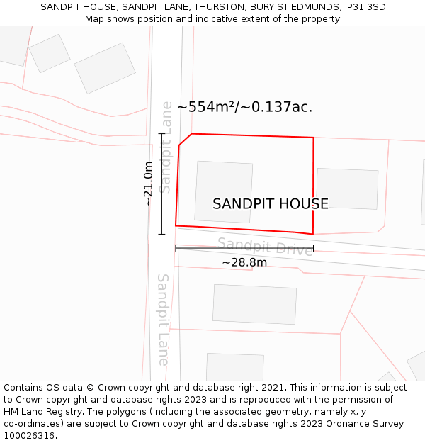 SANDPIT HOUSE, SANDPIT LANE, THURSTON, BURY ST EDMUNDS, IP31 3SD: Plot and title map