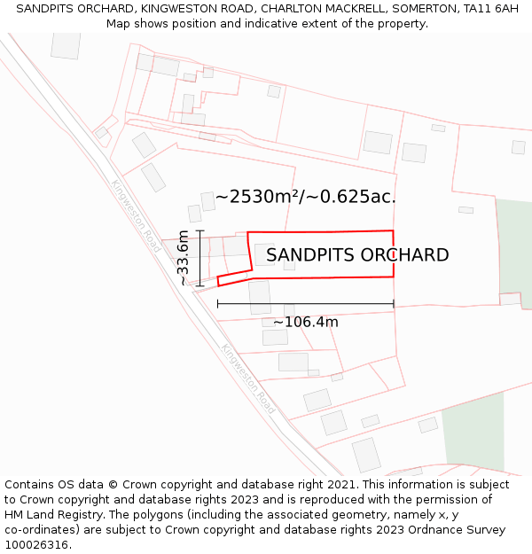 SANDPITS ORCHARD, KINGWESTON ROAD, CHARLTON MACKRELL, SOMERTON, TA11 6AH: Plot and title map