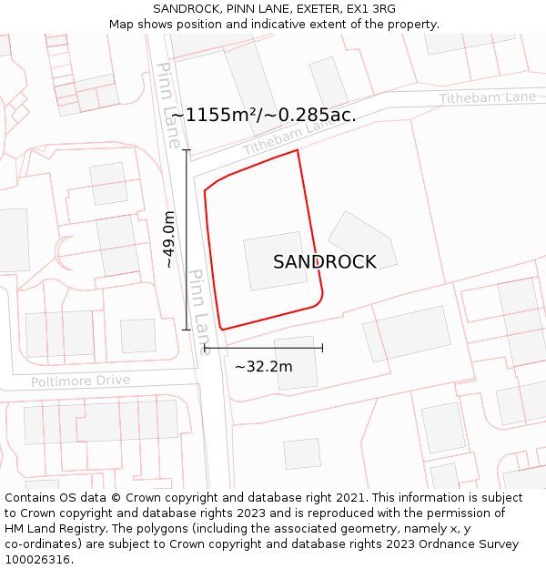 SANDROCK, PINN LANE, EXETER, EX1 3RG: Plot and title map