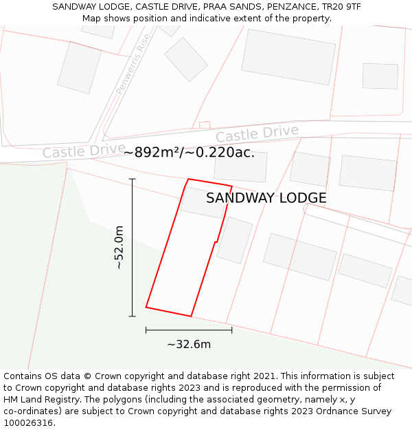 SANDWAY LODGE, CASTLE DRIVE, PRAA SANDS, PENZANCE, TR20 9TF: Plot and title map