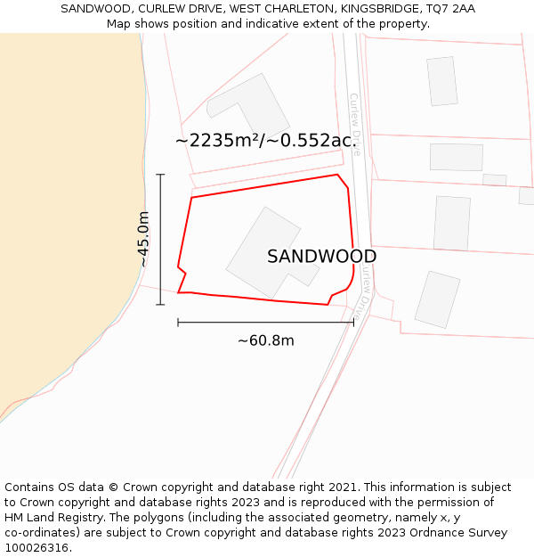 SANDWOOD, CURLEW DRIVE, WEST CHARLETON, KINGSBRIDGE, TQ7 2AA: Plot and title map