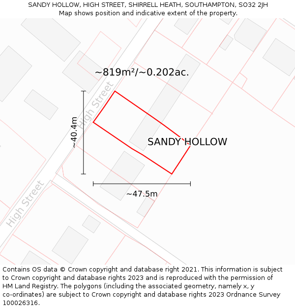 SANDY HOLLOW, HIGH STREET, SHIRRELL HEATH, SOUTHAMPTON, SO32 2JH: Plot and title map