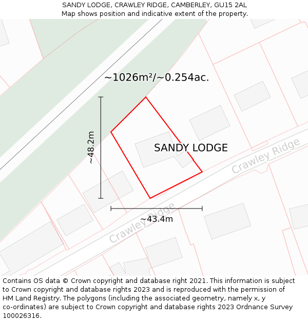 SANDY LODGE, CRAWLEY RIDGE, CAMBERLEY, GU15 2AL: Plot and title map