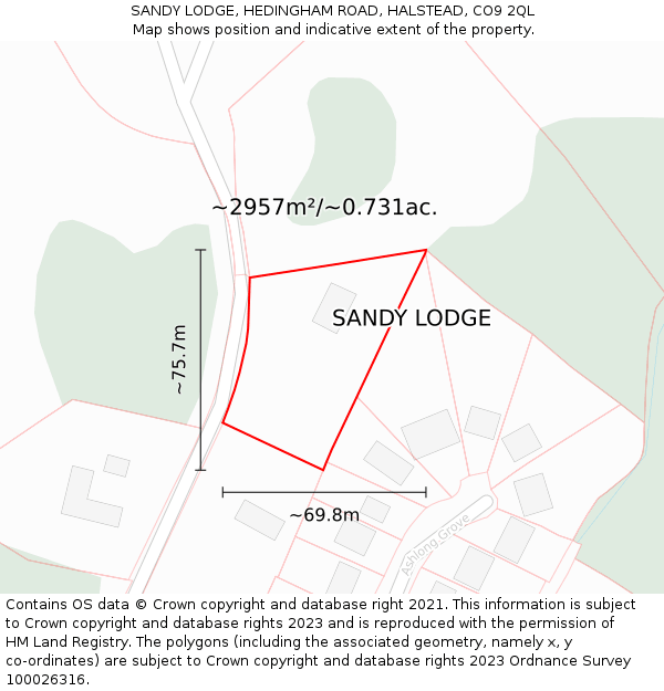 SANDY LODGE, HEDINGHAM ROAD, HALSTEAD, CO9 2QL: Plot and title map