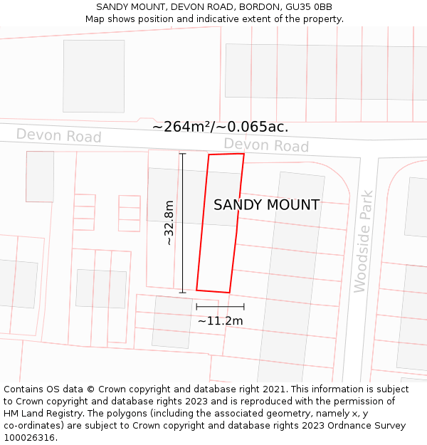 SANDY MOUNT, DEVON ROAD, BORDON, GU35 0BB: Plot and title map