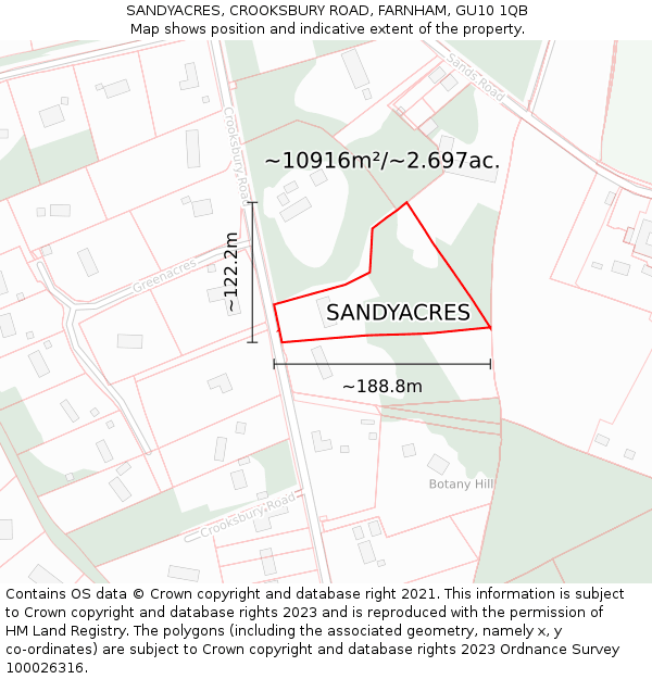 SANDYACRES, CROOKSBURY ROAD, FARNHAM, GU10 1QB: Plot and title map