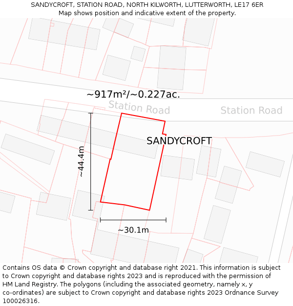 SANDYCROFT, STATION ROAD, NORTH KILWORTH, LUTTERWORTH, LE17 6ER: Plot and title map