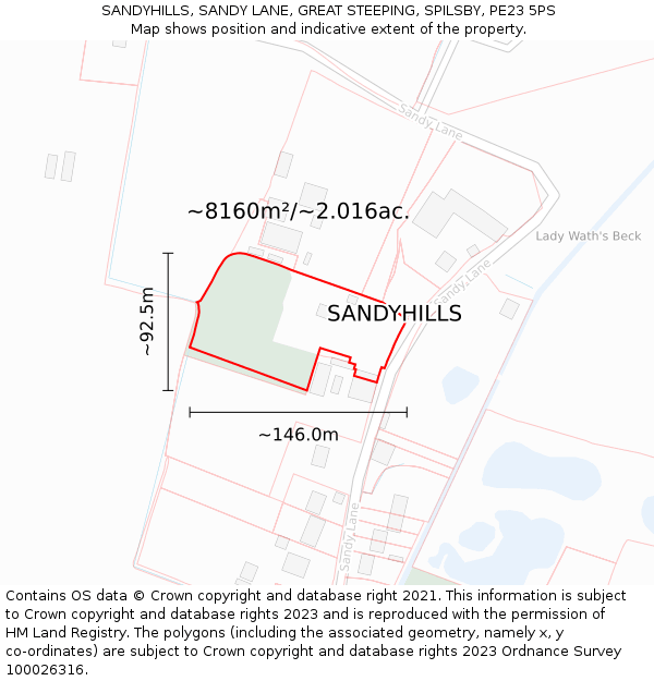 SANDYHILLS, SANDY LANE, GREAT STEEPING, SPILSBY, PE23 5PS: Plot and title map