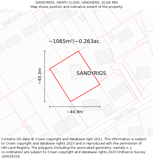 SANDYRIGS, HEATH CLOSE, HINDHEAD, GU26 6RX: Plot and title map