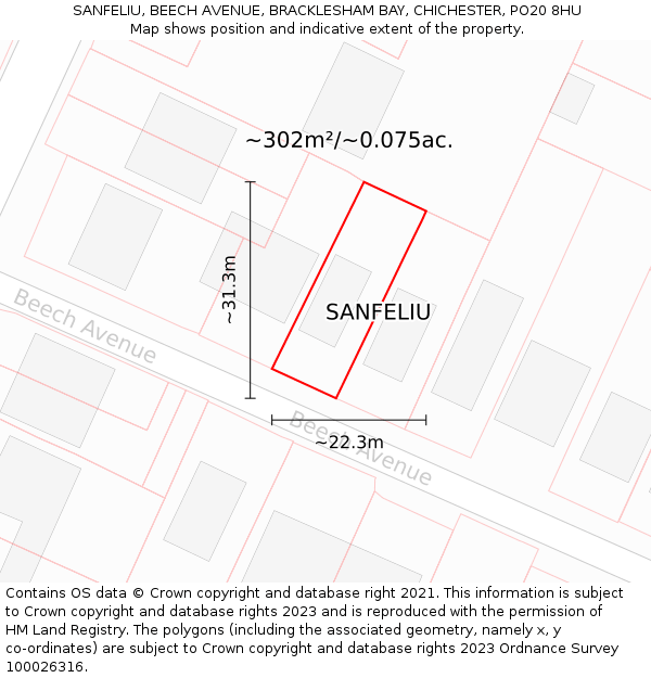 SANFELIU, BEECH AVENUE, BRACKLESHAM BAY, CHICHESTER, PO20 8HU: Plot and title map