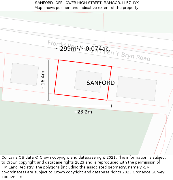 SANFORD, OFF LOWER HIGH STREET, BANGOR, LL57 1YX: Plot and title map
