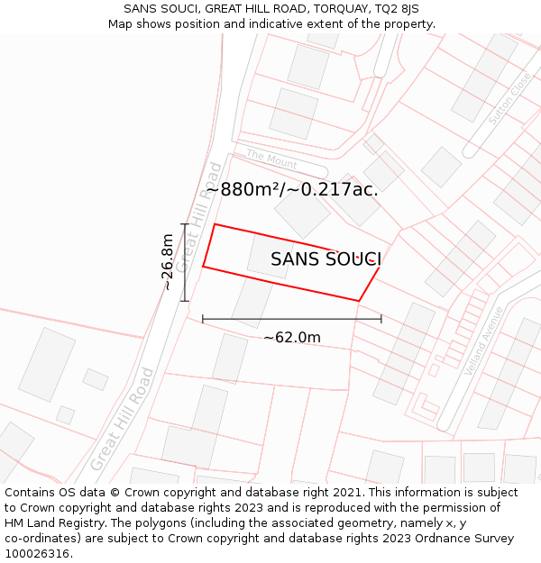 SANS SOUCI, GREAT HILL ROAD, TORQUAY, TQ2 8JS: Plot and title map