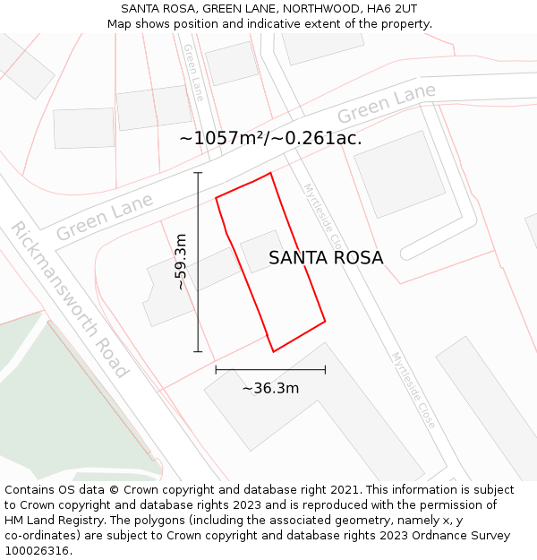 SANTA ROSA, GREEN LANE, NORTHWOOD, HA6 2UT: Plot and title map