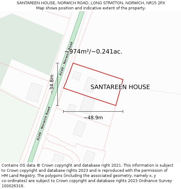 SANTAREEN HOUSE, NORWICH ROAD, LONG STRATTON, NORWICH, NR15 2PX: Plot and title map