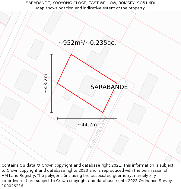 SARABANDE, KOOYONG CLOSE, EAST WELLOW, ROMSEY, SO51 6BL: Plot and title map