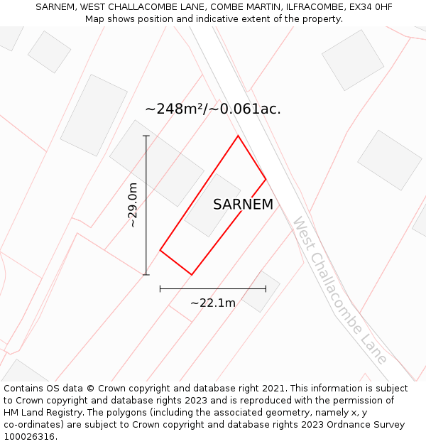 SARNEM, WEST CHALLACOMBE LANE, COMBE MARTIN, ILFRACOMBE, EX34 0HF: Plot and title map