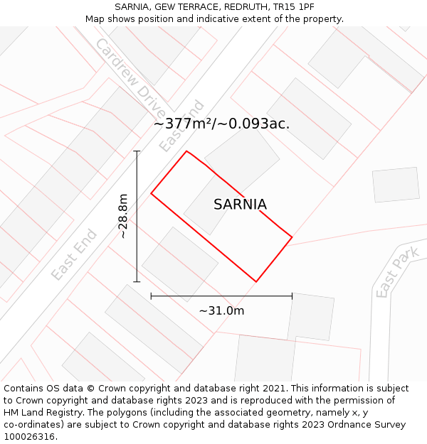 SARNIA, GEW TERRACE, REDRUTH, TR15 1PF: Plot and title map