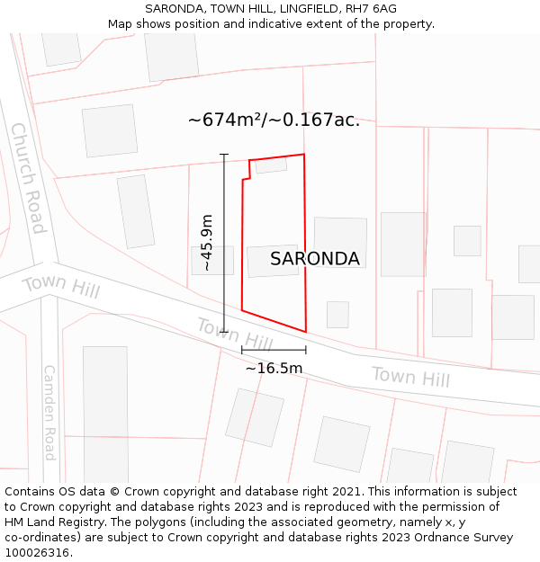 SARONDA, TOWN HILL, LINGFIELD, RH7 6AG: Plot and title map