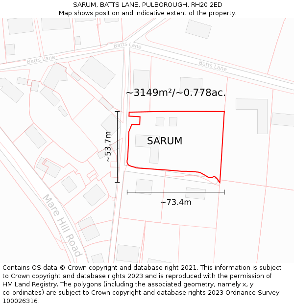 SARUM, BATTS LANE, PULBOROUGH, RH20 2ED: Plot and title map