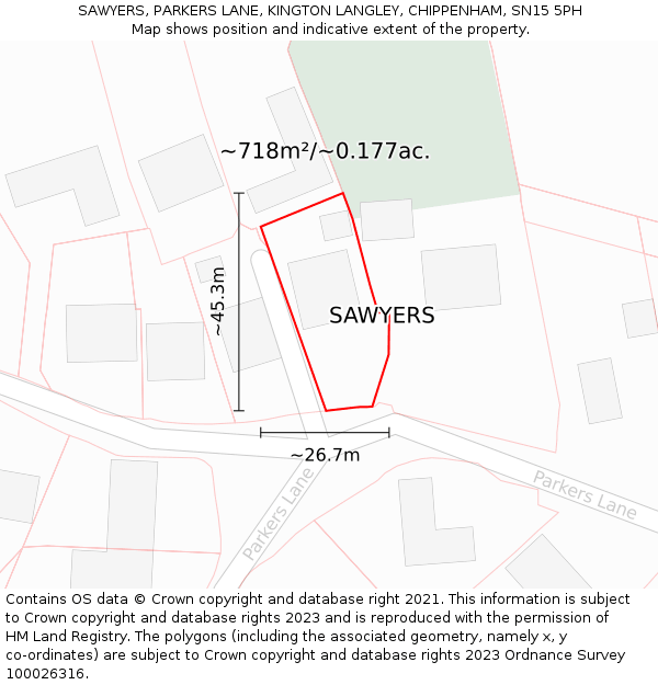 SAWYERS, PARKERS LANE, KINGTON LANGLEY, CHIPPENHAM, SN15 5PH: Plot and title map