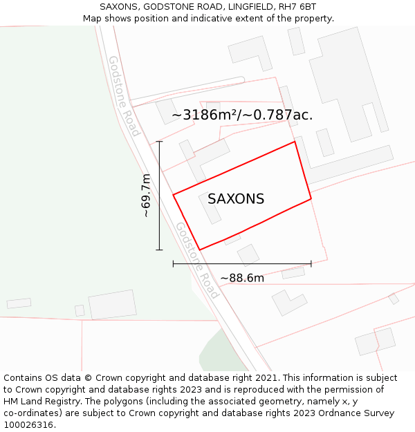 SAXONS, GODSTONE ROAD, LINGFIELD, RH7 6BT: Plot and title map