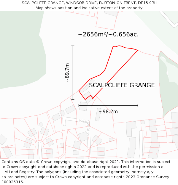SCALPCLIFFE GRANGE, WINDSOR DRIVE, BURTON-ON-TRENT, DE15 9BH: Plot and title map