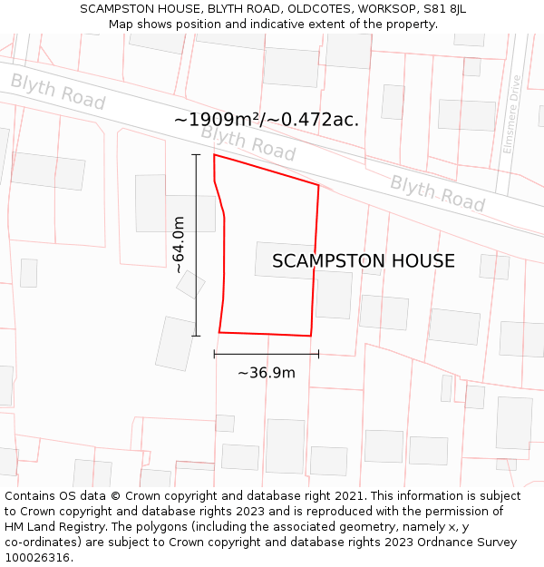 SCAMPSTON HOUSE, BLYTH ROAD, OLDCOTES, WORKSOP, S81 8JL: Plot and title map