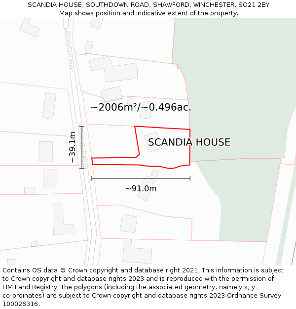 SCANDIA HOUSE, SOUTHDOWN ROAD, SHAWFORD, WINCHESTER, SO21 2BY: Plot and title map