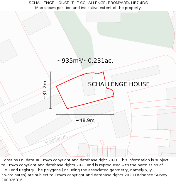 SCHALLENGE HOUSE, THE SCHALLENGE, BROMYARD, HR7 4DS: Plot and title map