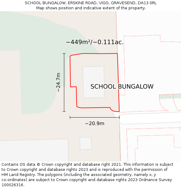 SCHOOL BUNGALOW, ERSKINE ROAD, VIGO, GRAVESEND, DA13 0RL: Plot and title map