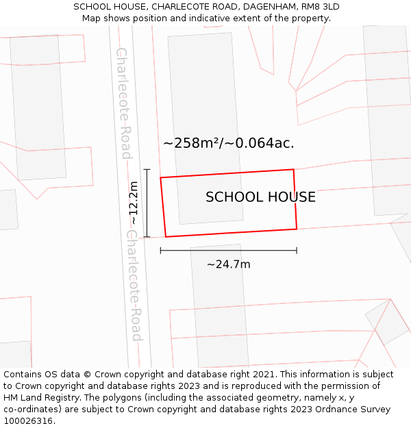 SCHOOL HOUSE, CHARLECOTE ROAD, DAGENHAM, RM8 3LD: Plot and title map