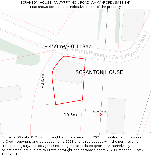 SCRANTON HOUSE, PANTYFFYNNON ROAD, AMMANFORD, SA18 3HN: Plot and title map