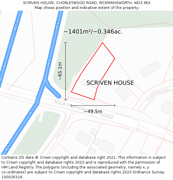 SCRIVEN HOUSE, CHORLEYWOOD ROAD, RICKMANSWORTH, WD3 4EX: Plot and title map
