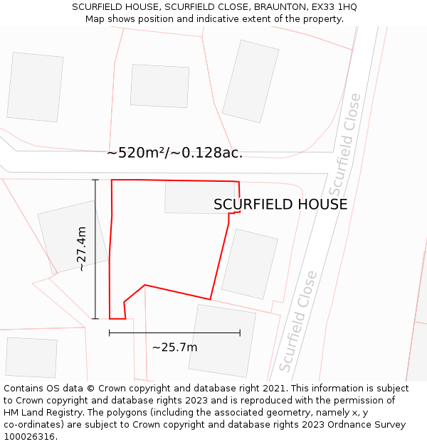 SCURFIELD HOUSE, SCURFIELD CLOSE, BRAUNTON, EX33 1HQ: Plot and title map