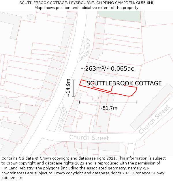 SCUTTLEBROOK COTTAGE, LEYSBOURNE, CHIPPING CAMPDEN, GL55 6HL: Plot and title map