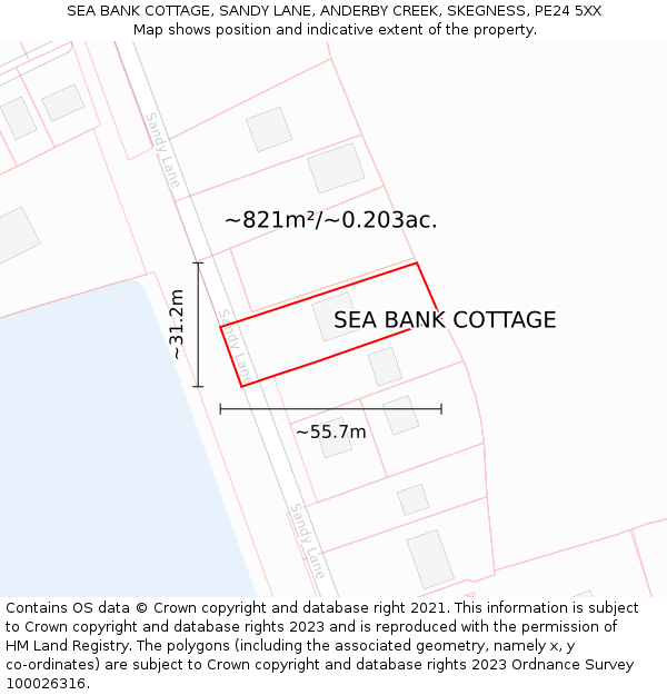 SEA BANK COTTAGE, SANDY LANE, ANDERBY CREEK, SKEGNESS, PE24 5XX: Plot and title map