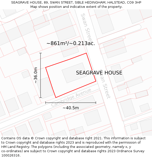 SEAGRAVE HOUSE, 89, SWAN STREET, SIBLE HEDINGHAM, HALSTEAD, CO9 3HP: Plot and title map