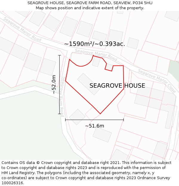 SEAGROVE HOUSE, SEAGROVE FARM ROAD, SEAVIEW, PO34 5HU: Plot and title map