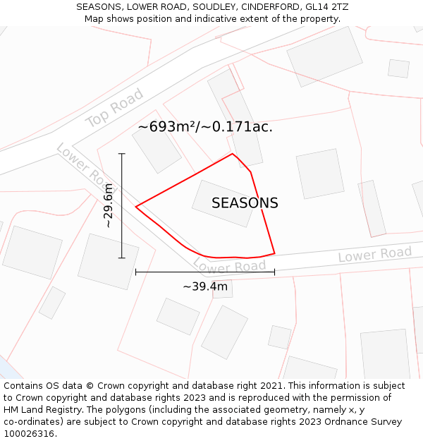 SEASONS, LOWER ROAD, SOUDLEY, CINDERFORD, GL14 2TZ: Plot and title map